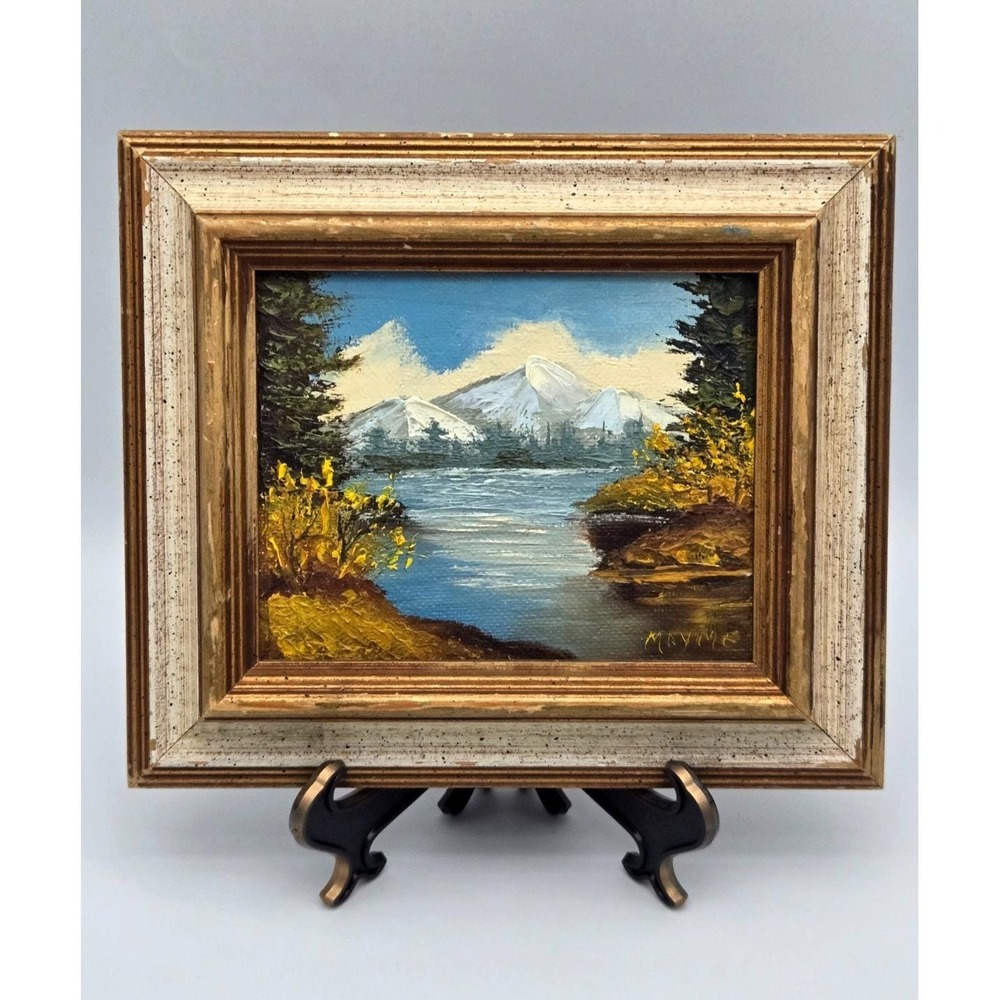 1970s Framed Signed‎ Original Mini Landscape Oil Painting Lake/Mountain 7.5" VTG
